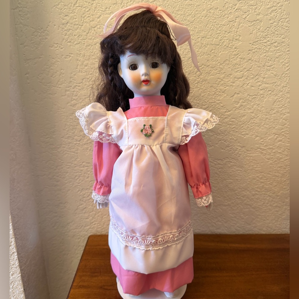 Porcelain Doll, 16 inch, with Brown Hair & Eyes, Pink Dress & Bow, White Apron
